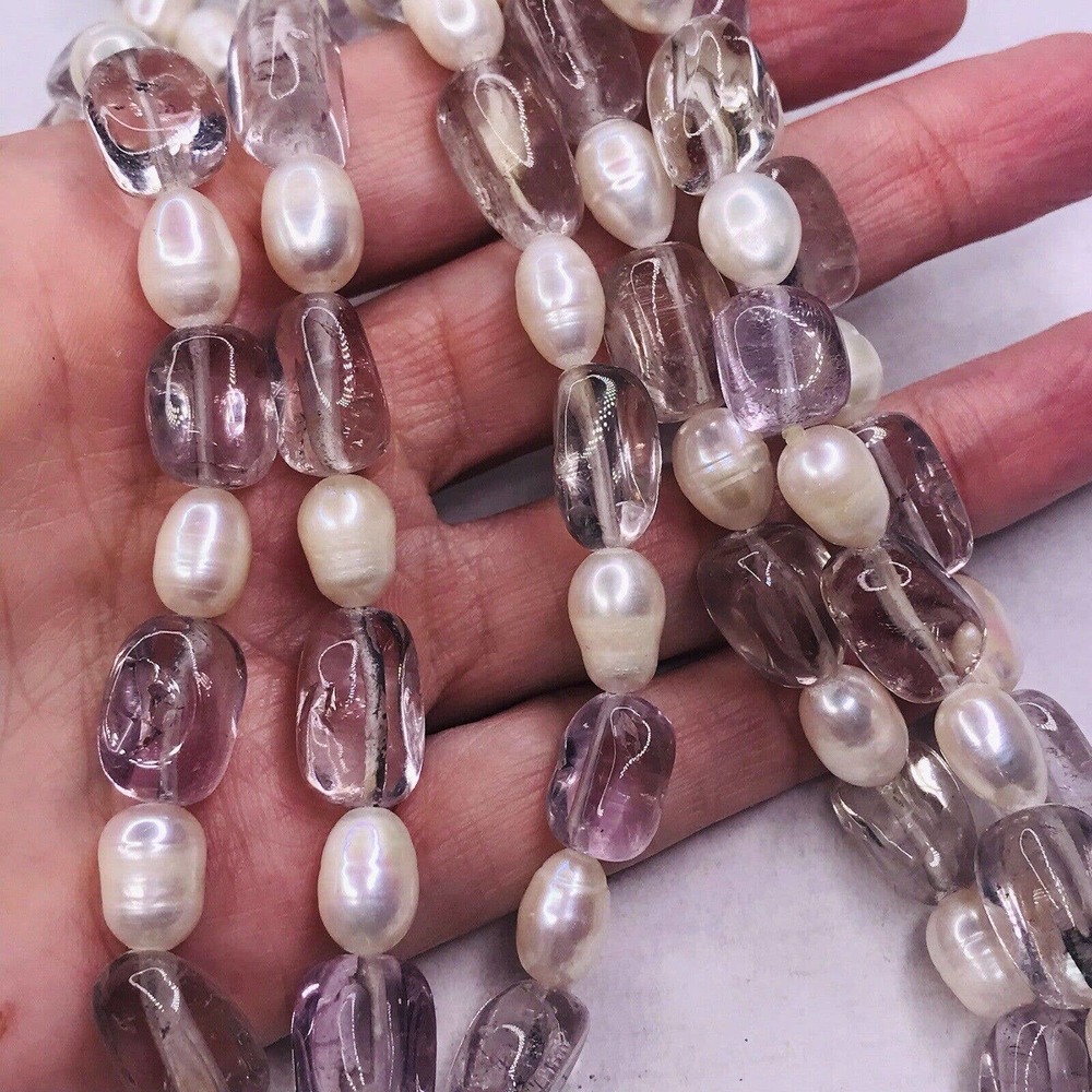 Clear Quartz Pearl Necklace Triple Strand Heavy Stones Silver Tone Clasp LP
